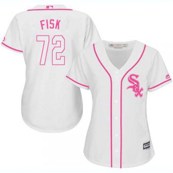 White Sox #72 Carlton Fisk White Pink Fashion Women's Stitched Baseball Jersey