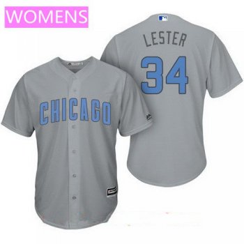 Women's Chicago Cubs #34 Jon Lester Gray with Baby Blue Father's Day Stitched MLB Majestic Cool Base Jersey