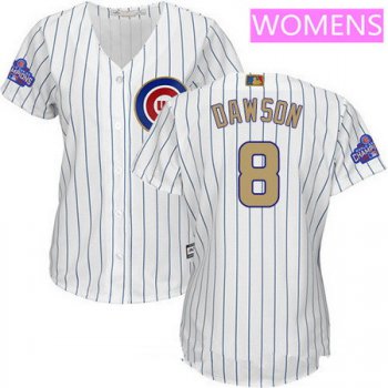 Women's Chicago Cubs #8 Andre Dawson White World Series Champions Gold Stitched MLB Majestic 2017 Cool Base Jersey