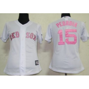 Boston Red Sox #15 Dustin Pedroia White With Pink Womens Jersey