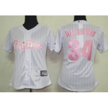 Philadelphia Phillies #34 Halladay White With Pink Pinstripe Womens Jersey
