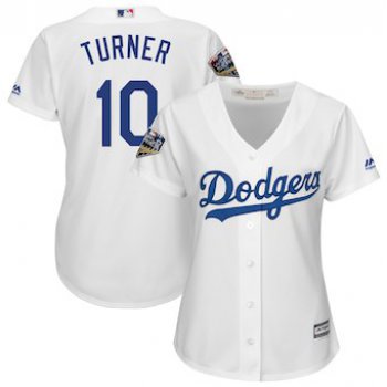 Women's Los Angeles Dodgers 10 Justin Turner Majestic White 2018 World Series Jersey