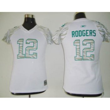 Green Bay Packers #12 Rodgers White Womens Zebra Field Flirt Fashion Jersey