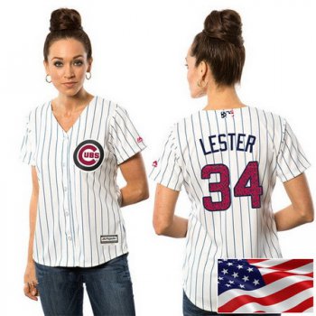 Women's Chicago Cubs #34 Jon Lester White Stars & Stripes Fashion Independence Day Stitched MLB Majestic Cool Base Jersey