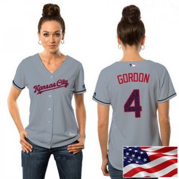 Women's Kansas City Royals #4 Alex Gordon Gray Stars & Stripes Fashion Independence Day Stitched MLB Majestic Cool Base Jersey