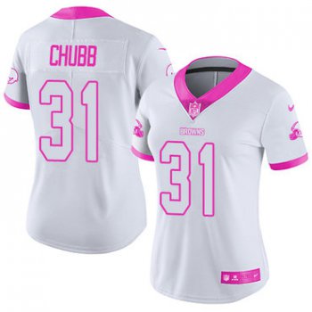 Nike Cleveland Browns #31 Nick Chubb White Pink Women's Stitched NFL Limited Rush Fashion Jersey