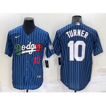 Men's Los Angeles Dodgers #10 Justin Turner Number Navy Blue Pinstripe 2020 World Series Cool Base Nike Jersey