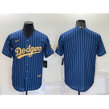 Men's Los Angeles Dodgers Blank Navy Blue Gold Pinstripe Stitched MLB Cool Base Nike Jersey