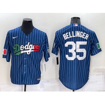 Men's Los Angeles Dodgers #35 Cody Bellinger Navy Blue Pinstripe Mexico 2020 World Series Cool Base Nike Jersey