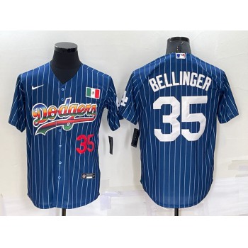 Men's Los Angeles Dodgers #35 Cody Bellinger Number Rainbow Blue Red Pinstripe Mexico Cool Base Nike Jersey