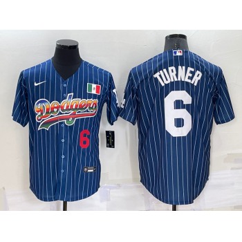 Men's Los Angeles Dodgers #6 Trea Turner Number Rainbow Blue Red Pinstripe Mexico Cool Base Nike Jersey