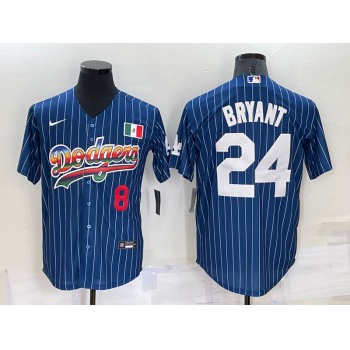 Mens Los Angeles Dodgers #8 #24 Kobe Bryant Number Rainbow Blue Red Pinstripe Mexico Cool Base Nike Jersey