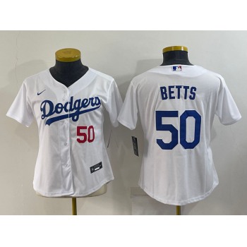 Women's Los Angeles Dodgers #50 Mookie Betts White With Red Stitched MLB Cool Base Nike Jersey