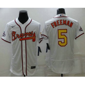 Men's Atlanta Braves #5 Freddie Freeman White Gold 2021 World Series Champions Stitched MLB Flex Base Jersey