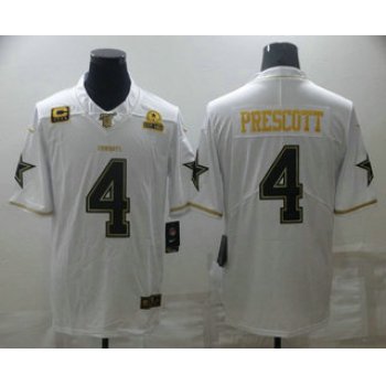 Men's Dallas Cowboys #4 Dak Prescott White 60th Patch Golden Edition Stitched NFL Nike Limited Jersey