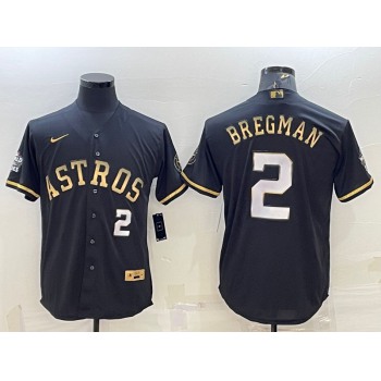 Men's Houston Astros #2 Alex Bregman Number Black Gold 2022 World Series Stitched Baseball Jersey