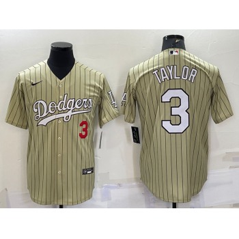Men's Los Angeles Dodgers #3 Chris Taylor Number Cream Pinstripe Stitched MLB Cool Base Nike Jersey