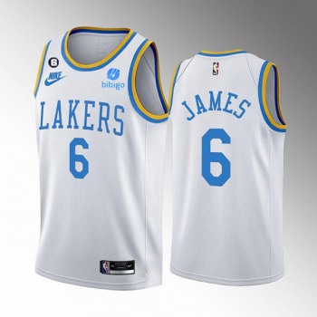 Men's Los Angeles Lakers #6 LeBron James 2022-23 White Classic Edition No.6 Patch Stitched Basketball Jersey