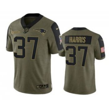 Men's New England Patriots #37 Damien Harris Olive 2021 Salute To Service Limited Stitched Jersey