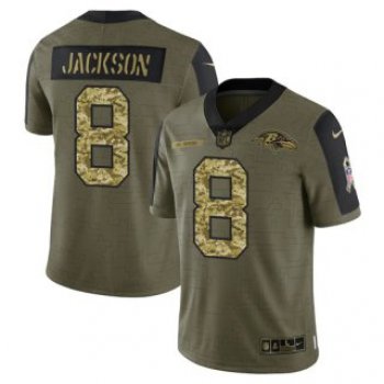 Men's Olive Baltimore Ravens #8 Lamar Jackson 2021 Camo Salute To Service Limited Stitched Jersey