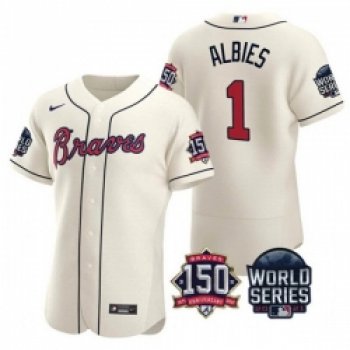 Men Atlanta Braves 1 Ozzie Albies 2021 Cream World Series With 150th Anniversary Patch Stitched Baseball Jersey