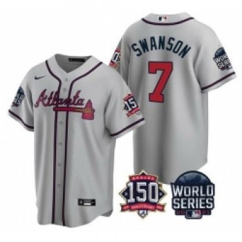 Men Atlanta Braves 7 Dansby Swanson 2021 Gray World Series With 150th Anniversary Patch Cool Base Stitched Jersey