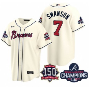 Men's Cream Atlanta Braves #7 Dansby Swanson 2021 World Series Champions With 150th Anniversary Patch Cool Base Stitched Jersey