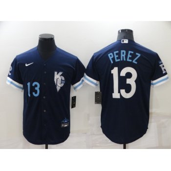 Men's Kansas City Royals #13 Salvador Perez Number 2022 Navy City Connect Cool Base Stitched Jersey