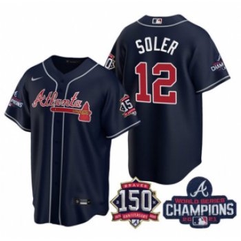 Men's Navy Atlanta Braves #12 Jorge Soler 2021 World Series Champions With 150th Anniversary Patch Cool Base Stitched Jersey