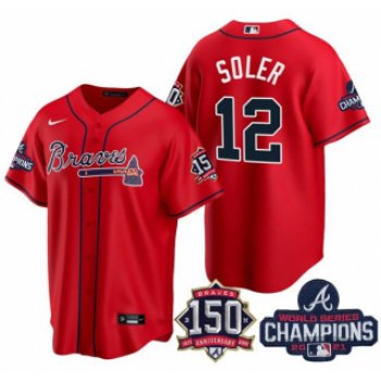 Men's Red Atlanta Braves #12 Jorge Soler 2021 World Series Champions With 150th Anniversary Patch Cool Base Stitched Jersey