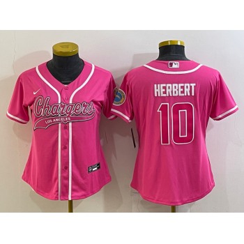 Women's Los Angeles Chargers #10 Justin Herbert Pink With Patch Cool Base Stitched Baseball Jersey