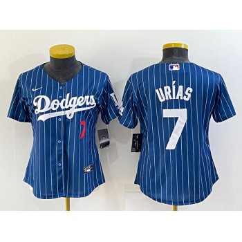 Women's Los Angeles Dodgers #7 Julio Urias Number Navy Blue Pinstripe Stitched MLB Cool Base Nike Jersey