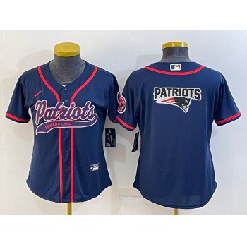 Women's New England Patriots #10 Mac Jones Navy Blue Team Big Logo With Patch Cool Base Stitched Baseball Jersey