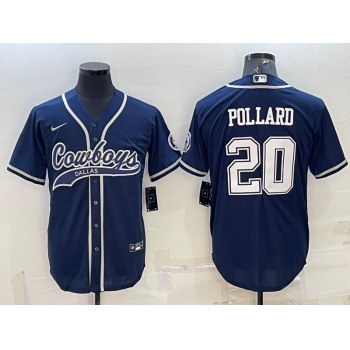 Men's Dallas Cowboys #20 Tony Pollard Navy With Patch Cool Base Stitched Baseball Jersey