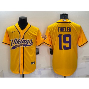 Men's Minnesota Vikings #19 Adam Thielen Yellow With Patch Cool Base Stitched Baseball Jersey