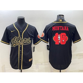 Men's San Francisco 49ers #16 Joe Montana Black Gold Team Big Logo With Patch Cool Base Stitched Baseball Jersey