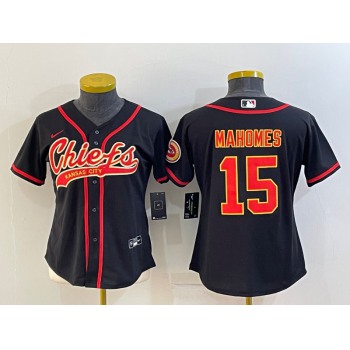 Women's Kansas City Chiefs #15 Patrick Mahomes Black With Patch Cool Base Stitched Baseball Jersey
