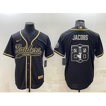 Men's Las Vegas Raiders #28 Josh Jacobs Black Gold Team Big Logo With Patch Cool Base Stitched Baseball Jersey