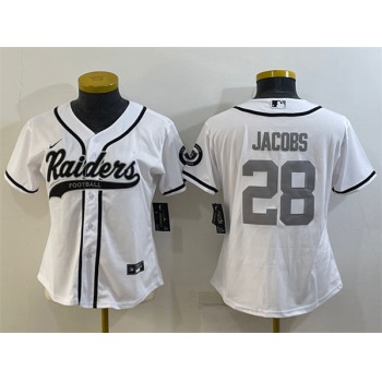 Women's Las Vegas Raiders #28 Josh Jacobs White Silver With Patch Cool Base Stitched Baseball Jersey(Run Small)