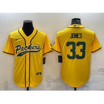 Men's Green Bay Packers #33 Aaron Jones Yellow With Patch Cool Base Stitched Baseball Jersey
