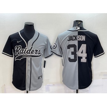 Men's Las Vegas Raiders #34 Bo Jackson Black Grey Split With Patch Cool Base Stitched Baseball Jersey