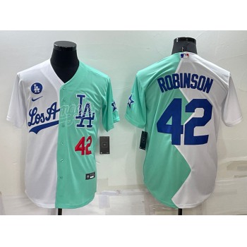 Mens Los Angeles Dodgers #42 Jackie Robinson White Green Number 2022 Celebrity Softball Game Cool Base