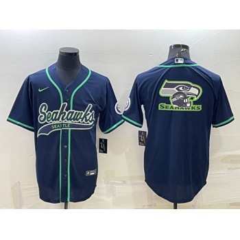 Men's Seattle Seahawks Navy Team Big Logo With Patch Cool Base Stitched Baseball Jersey