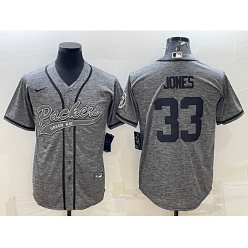 Men's Green Bay Packers #33 Aaron Jones Grey Gridiron With Patch Cool Base Stitched Baseball Jersey
