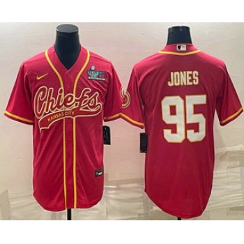 Men's Kansas City Chiefs #95 Chris Jones Red With Super Bowl LVII Patch Cool Base Stitched Baseball Jersey