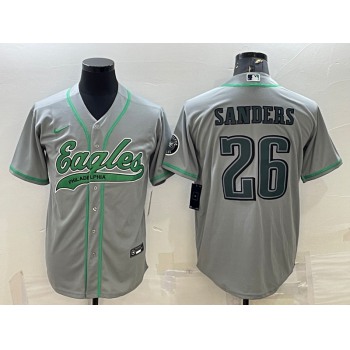 Men's Philadelphia Eagles #26 Miles Sanders Grey With Patch Cool Base Stitched Baseball Jersey