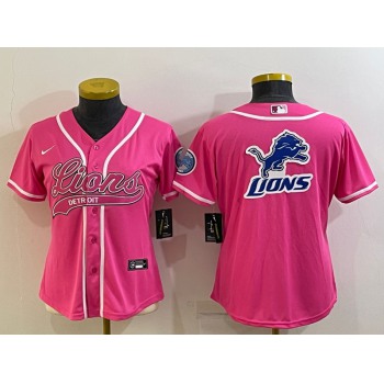 Women's Detroit Lions Pink Team Big Logo With Patch Cool Base Stitched Baseball Jersey