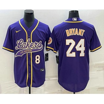 Men's Los Angeles Lakers #8 #24 Kobe Bryant Number Purple With Patch Cool Base Stitched Baseball Jersey