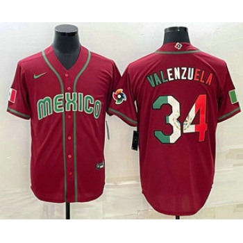 Men's Mexico Baseball #34 Fernando Valenzuela 2023 Red Blue World Baseball Classic Stitched Jerseys