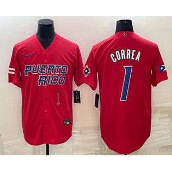 Men's Puerto Rico Baseball #1 Carlos Correa Number 2023 Red World Baseball Classic Stitched Jersey